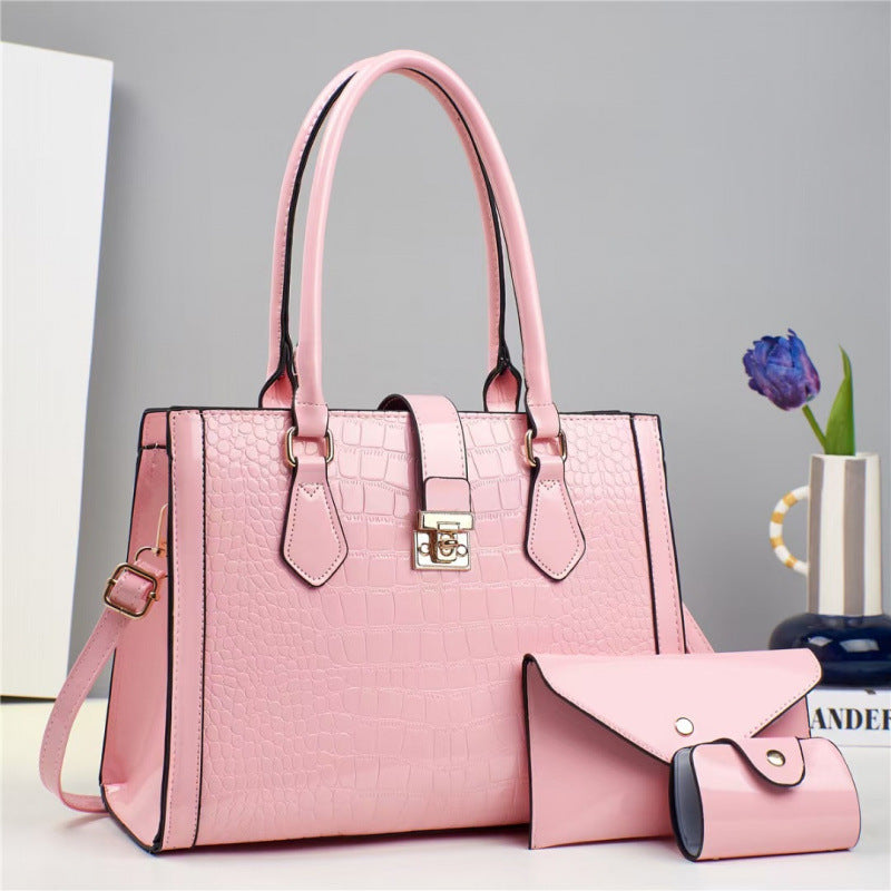 Three-piece Large Capacity Bright Leather Crocodile Women's Handbag
