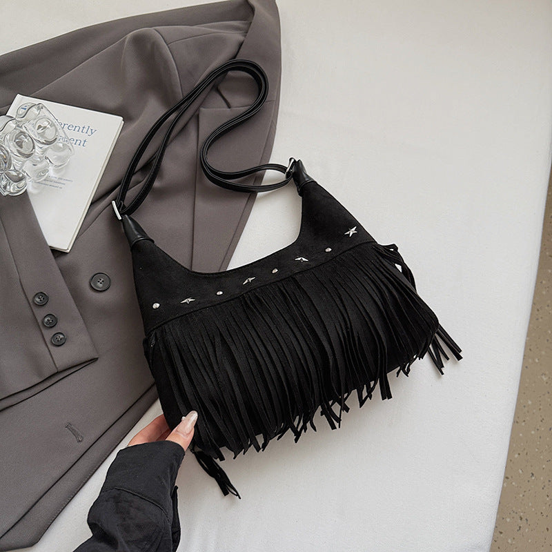 Women's Autumn Deerskin Veet Matte Tassel Retro Commuter Tote Bag
