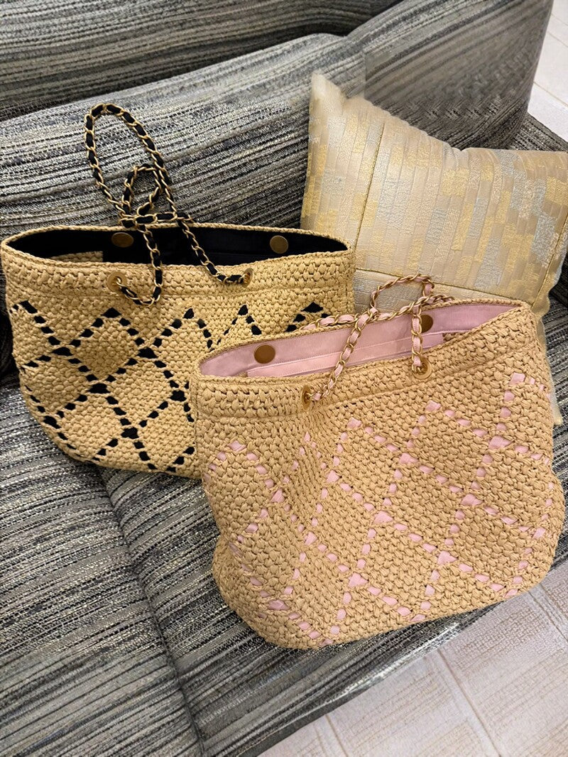 Women's Classic Style Rhombus Straw Woven Large Capacity Women's Shoulder Bag