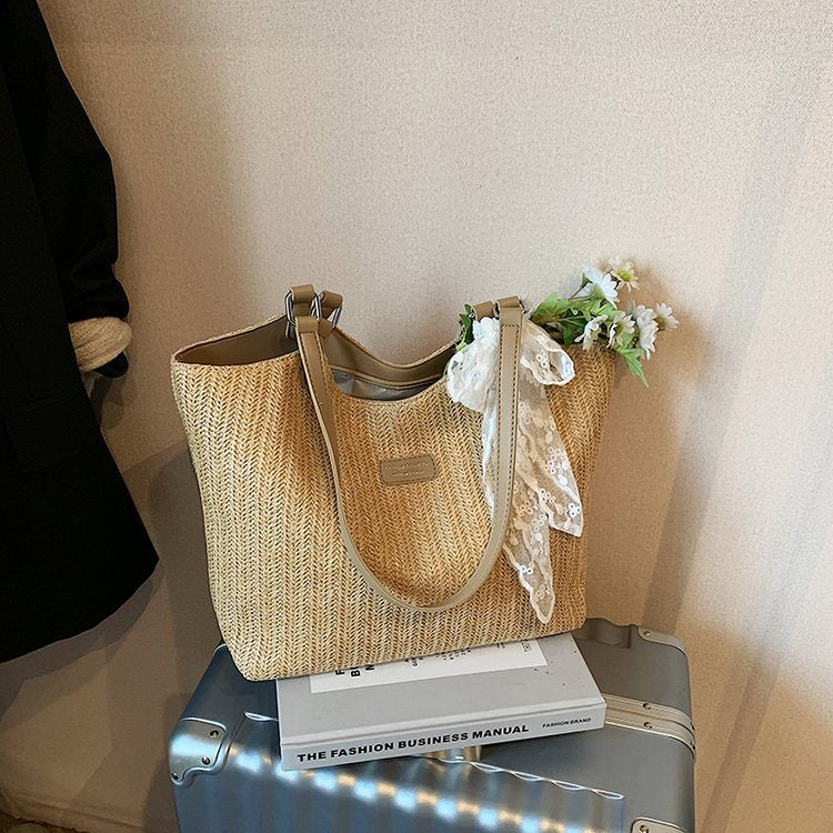 Summer Knitted Large Capacity Simple Ribbon Tote Bag