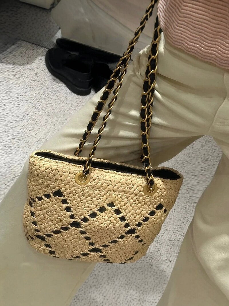 Women's Classic Style Rhombus Straw Woven Large Capacity Women's Shoulder Bag