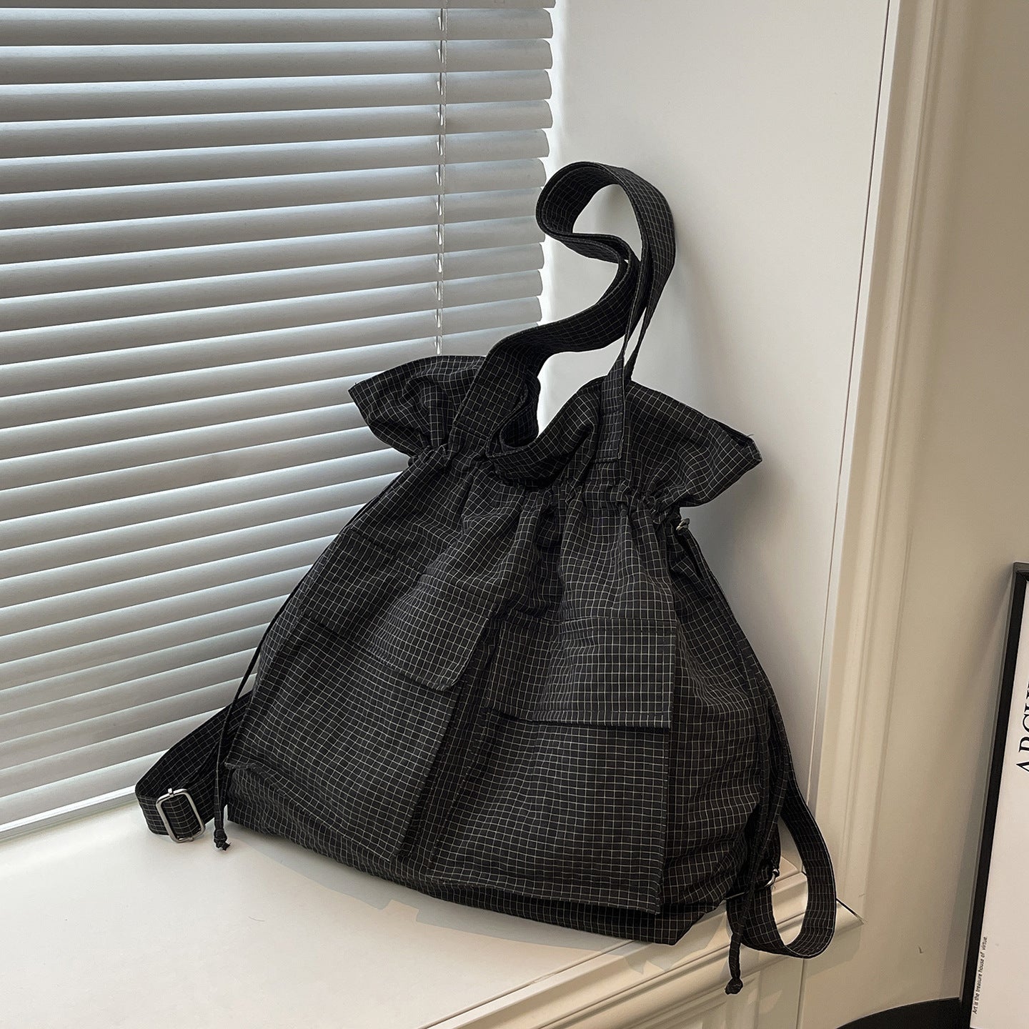 Women's Large Capacity Lightweight Plaid Drawstring Fashion Handbags