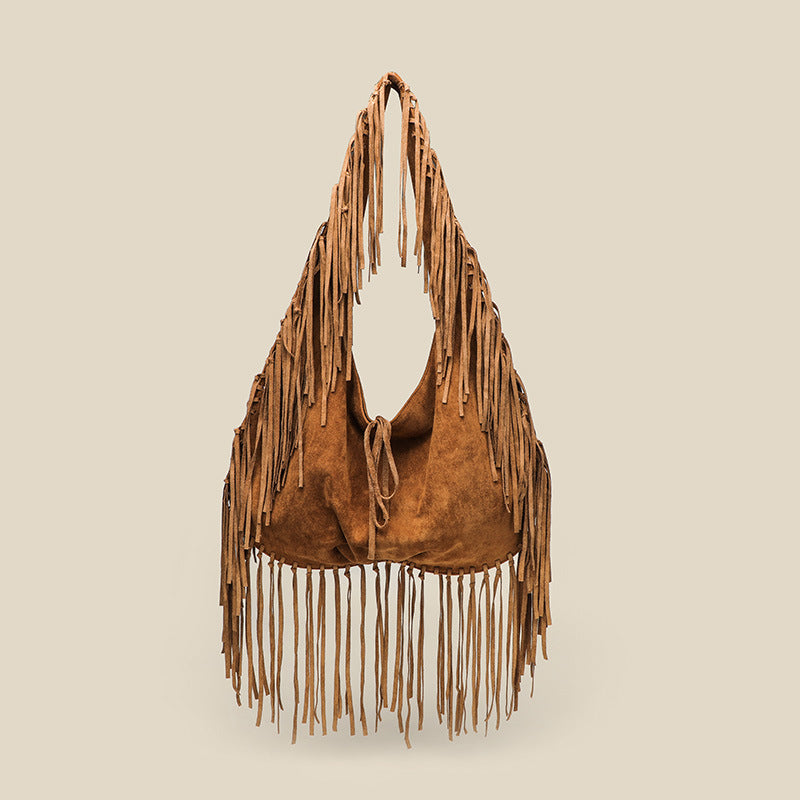 Women's Tassel Large Capacity Crescent Trendy Simple Deerskin Veet Retro Women's Shoulder Bag