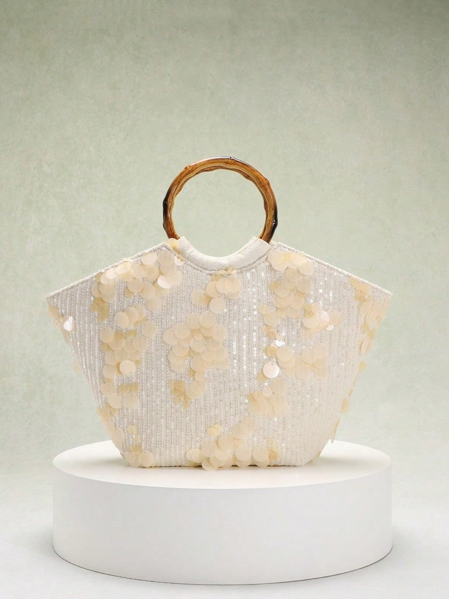 Women's Seaside Vacation Style Embroidered Three-dimensional Applique Sequined Flower Bamboo Tote Bag