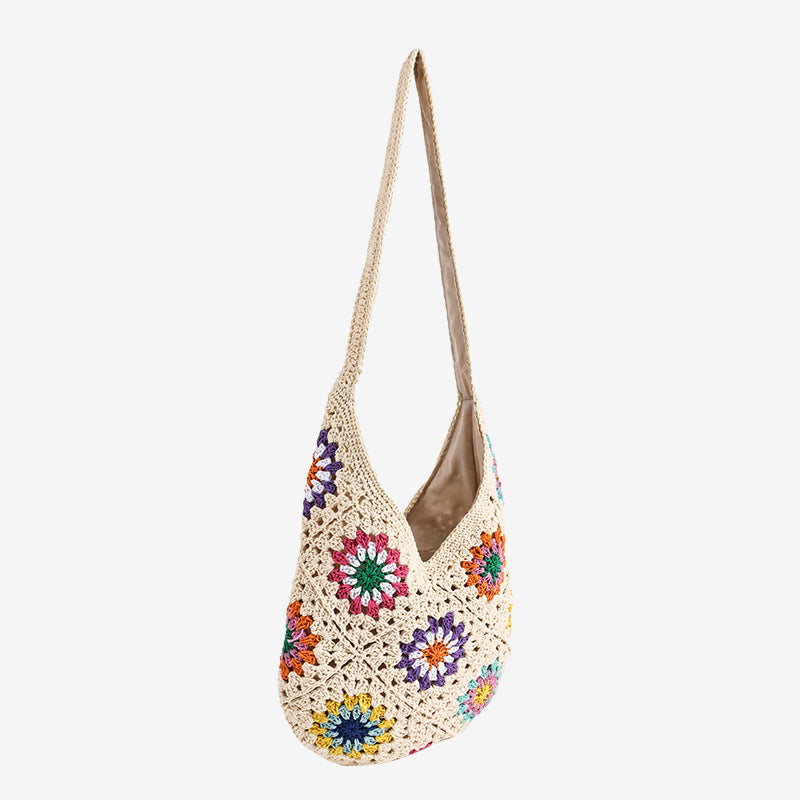 One Cotton Idle Style Flowers Woven Vacation Women's Shoulder Bag
