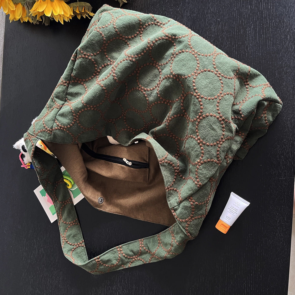 Big Ming Wind Brown Green Circle Cotton Linen Embroidered Women's Messenger Bag