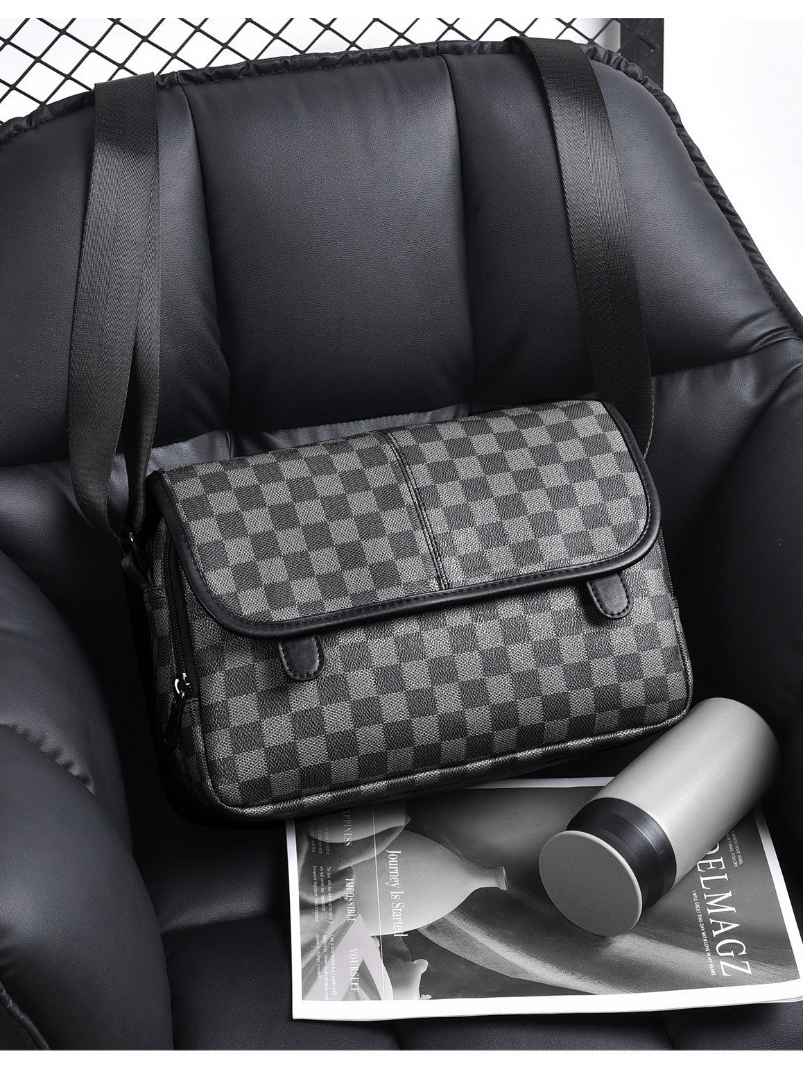 Men's Check Pattern Unisex Multifunctional Soft Leather Bags