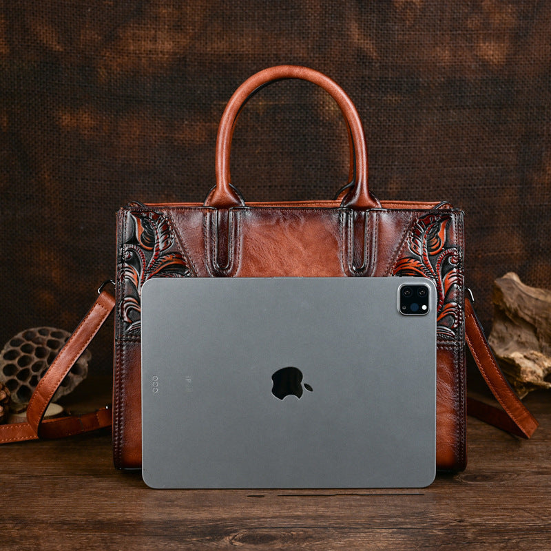 Women's Retro Patchwork Chinese Style Artistic Handmade Leather Carving Texture Women's Handbag
