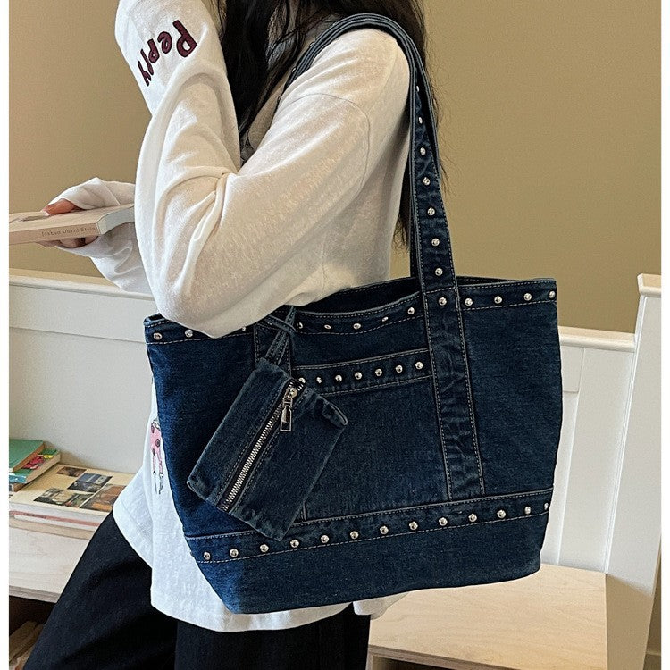 Women's Denim Trendy Unique Studded Large Capacity Tote Bags