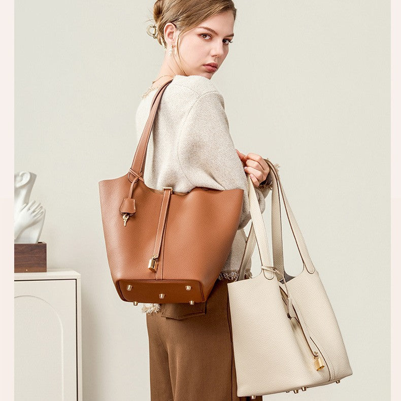 Women's Portable Classic Genuine Leather Vegetable Basket Lychee Pattern Simple Latch Women's Shoulder Bag