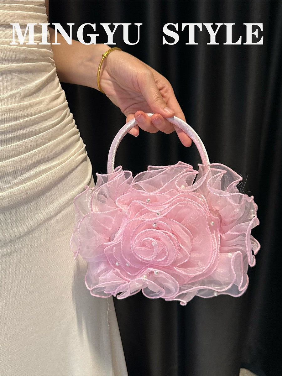Women's Fairy Three-dimensional Pink Yarn Fluffy Large Flower Wedding Women's Handbag