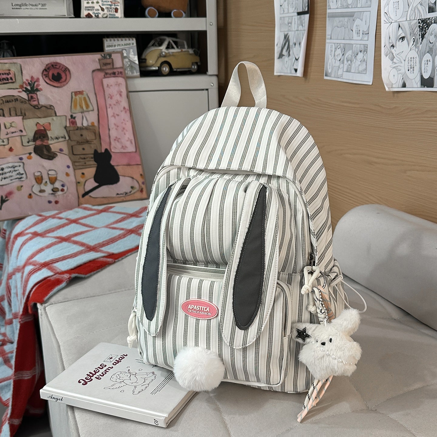 Cute Rabbit Sweet Stripes Junior Lightweight Large Leisure Backpack