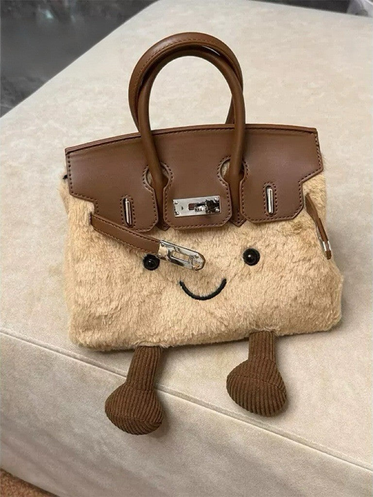 Cute Plush Doll Cartoon Furry Fashion Leather Patchwork Bucket Bag