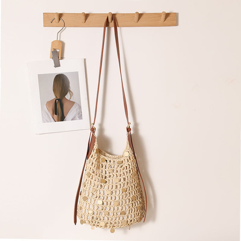 Women's Fashionable Sequins One Straw Hollow Out Women's Shoulder Bag