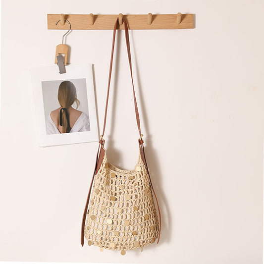 Women's Fashionable Sequins One Straw Hollow Out Women's Shoulder Bag