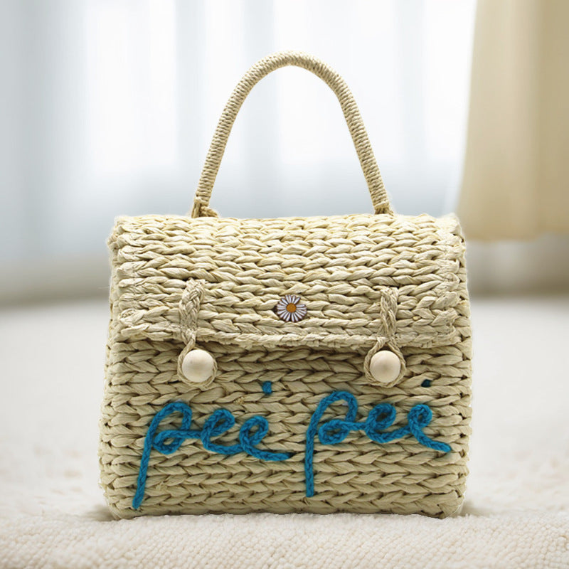 Women's With Cover Letters Straw Wooden Bead Bags