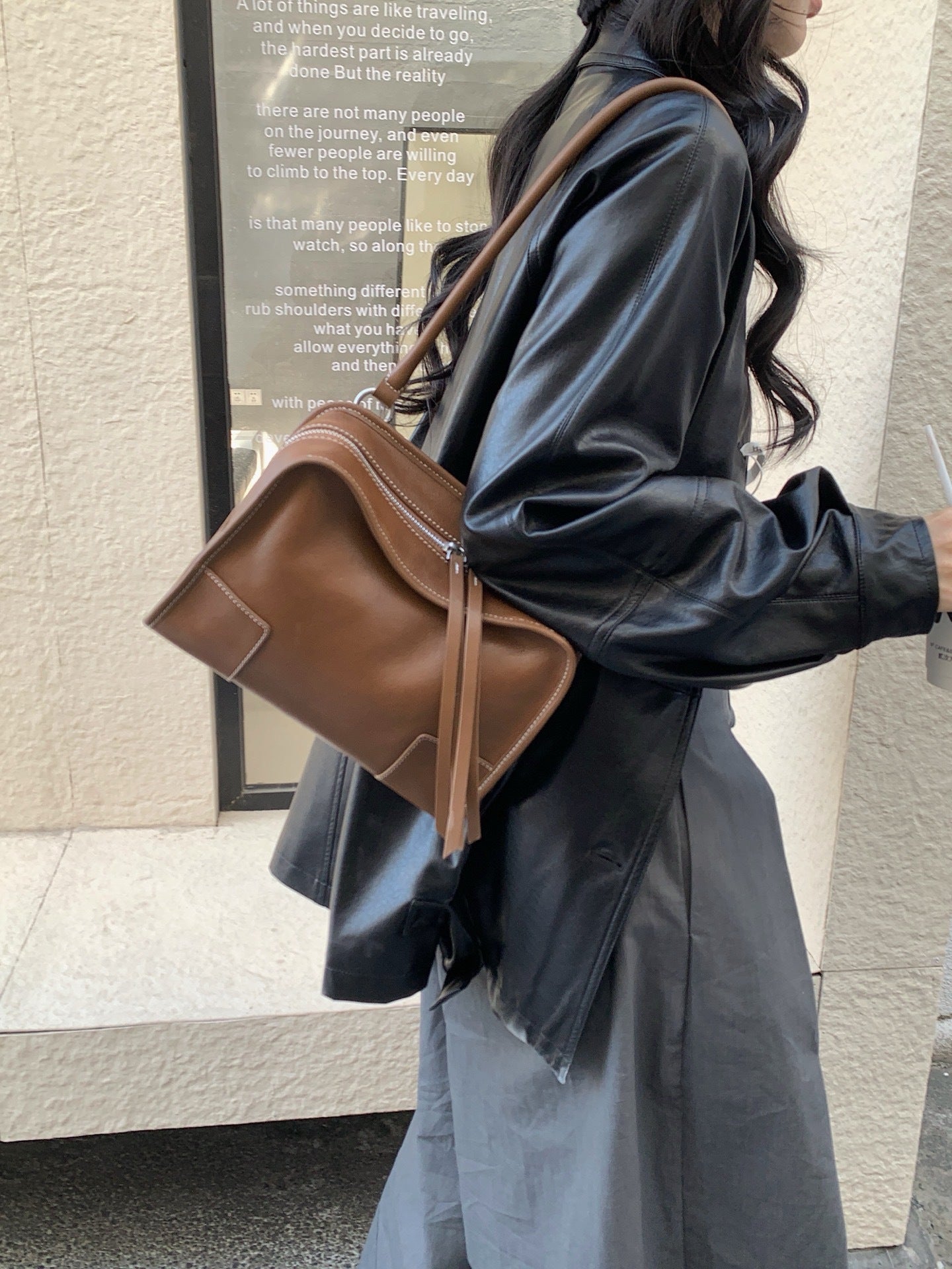 Women's Tanned Leather Cowhide Bowling Boston High-grade Large Tote Bag
