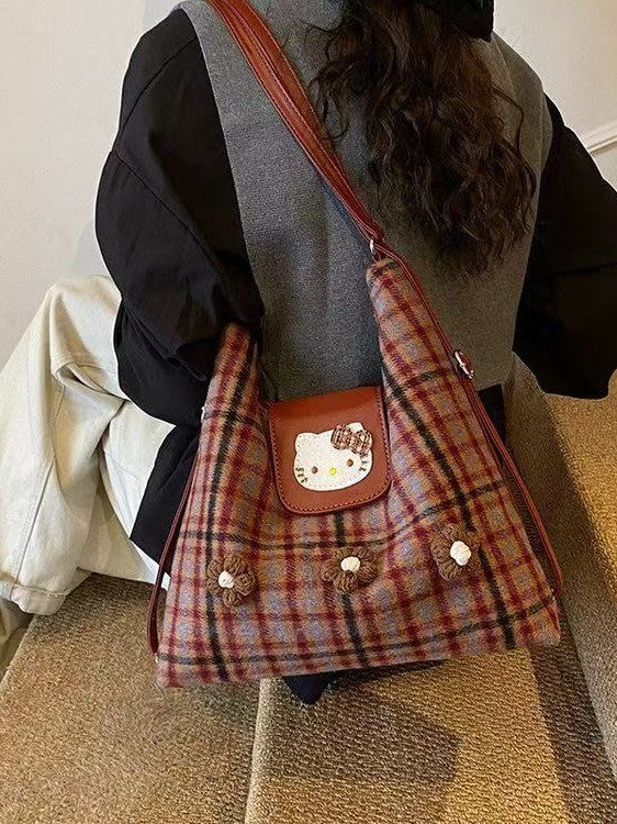 Women's Korean Retro Cat Design Plaid Large Leisure Backpack