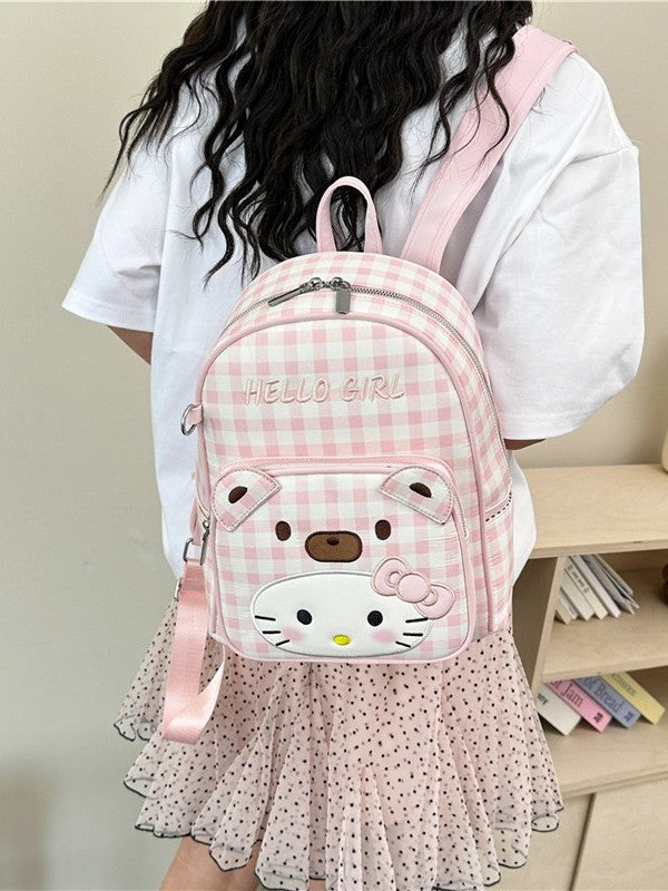 Cartoon Cute Bear Fresh Checked Youthful Campus Large Backpacks