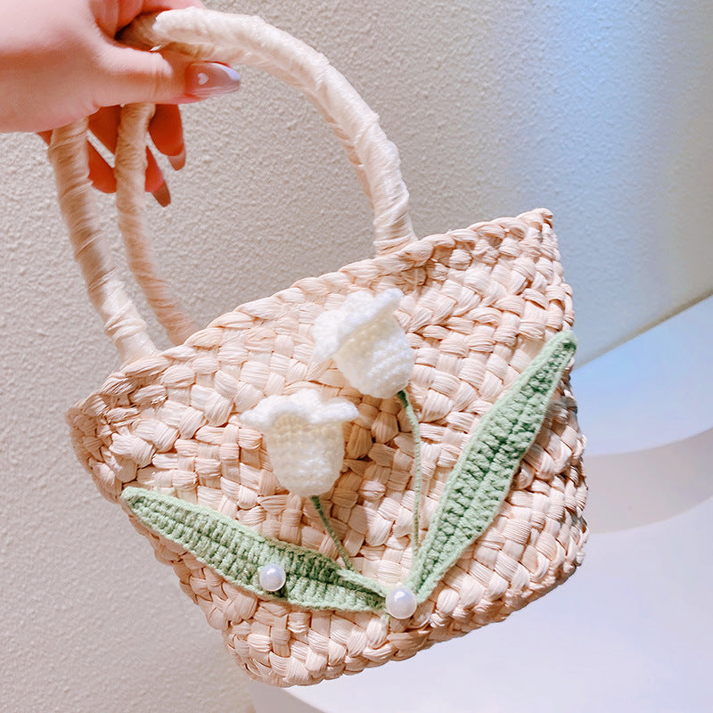Summer Style Hand-knitted Crocheted Pearl Flower Lined Straw Handbags