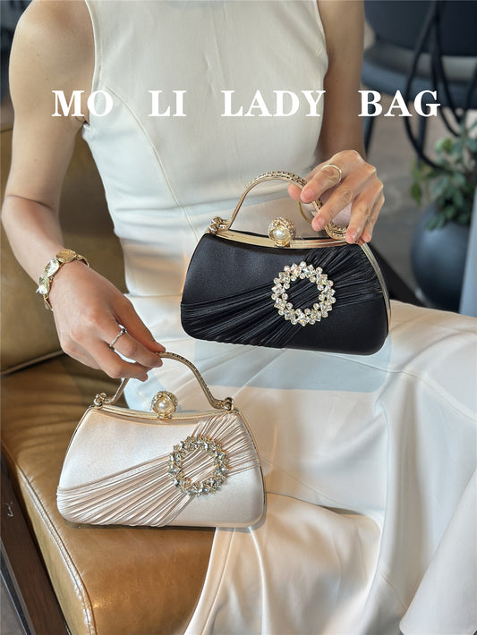 Women's Satin Pleated Lady With Diamond Dinner Women's Messenger Bag