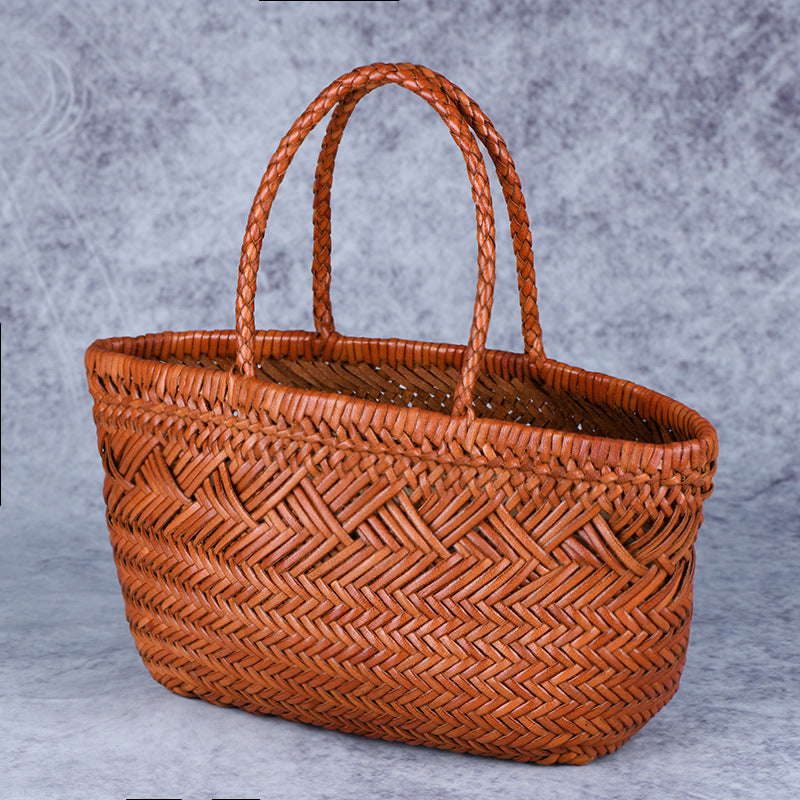 First Layer Cowhide Vegetable Basket Vintage Women's Handbag