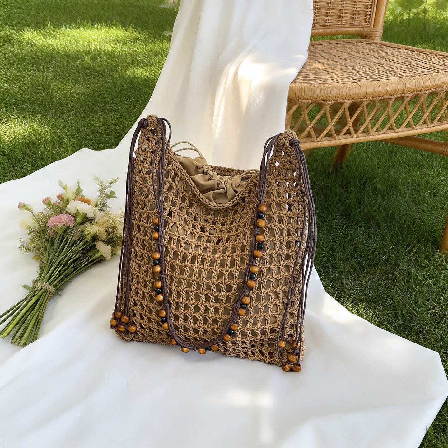 Women's Holiday Early Spring Weaving Hollow Beaded Women's Messenger Bag