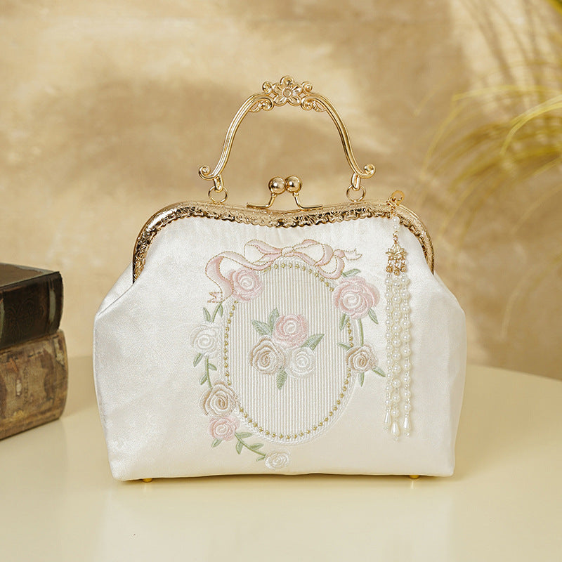 Rose Embroidered Chinese Style Cheongsam Banquet White Accessory Women's Handbag