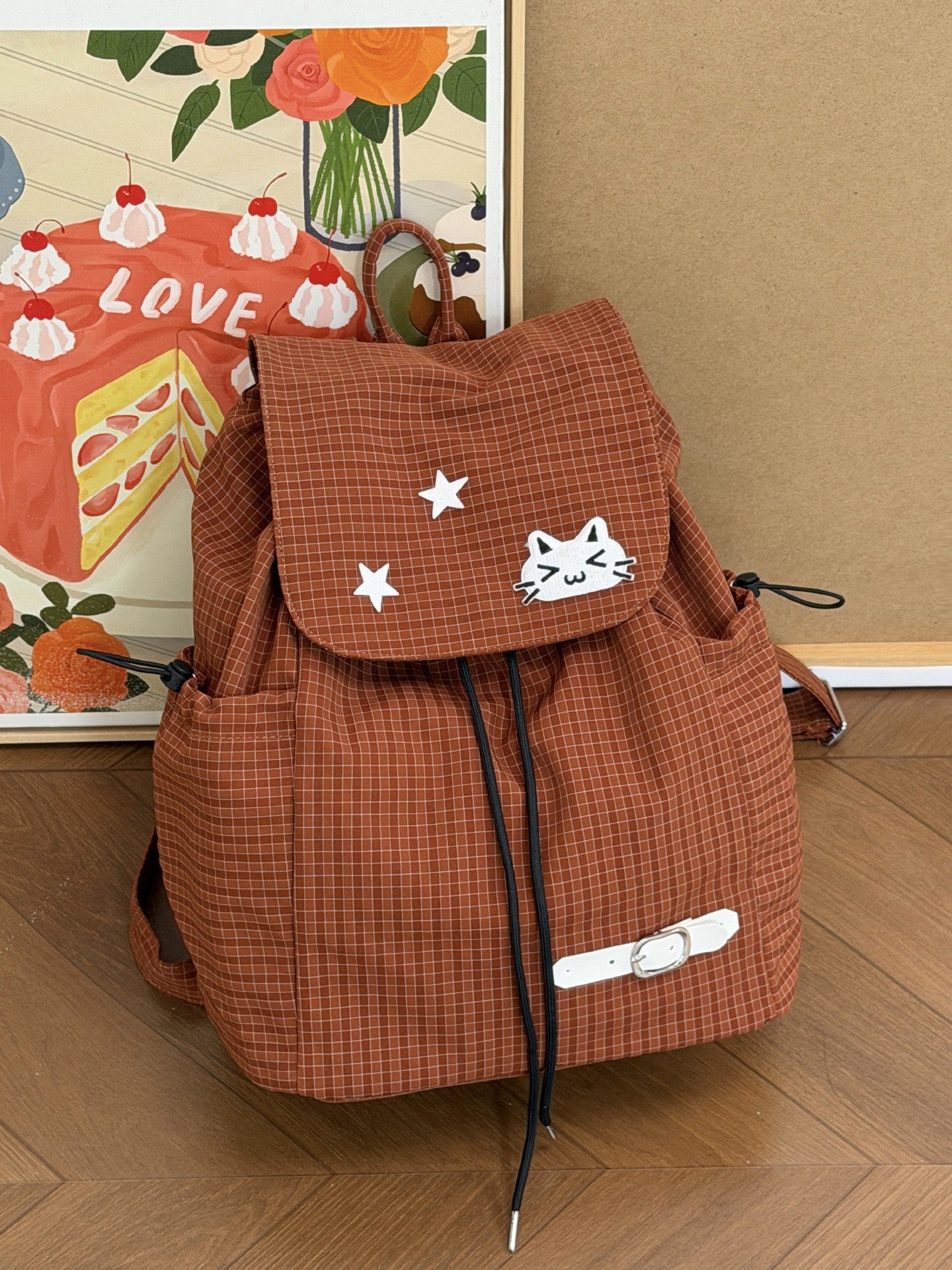 Women's Cute Cartoon Checked Junior High Lightweight Backpacks