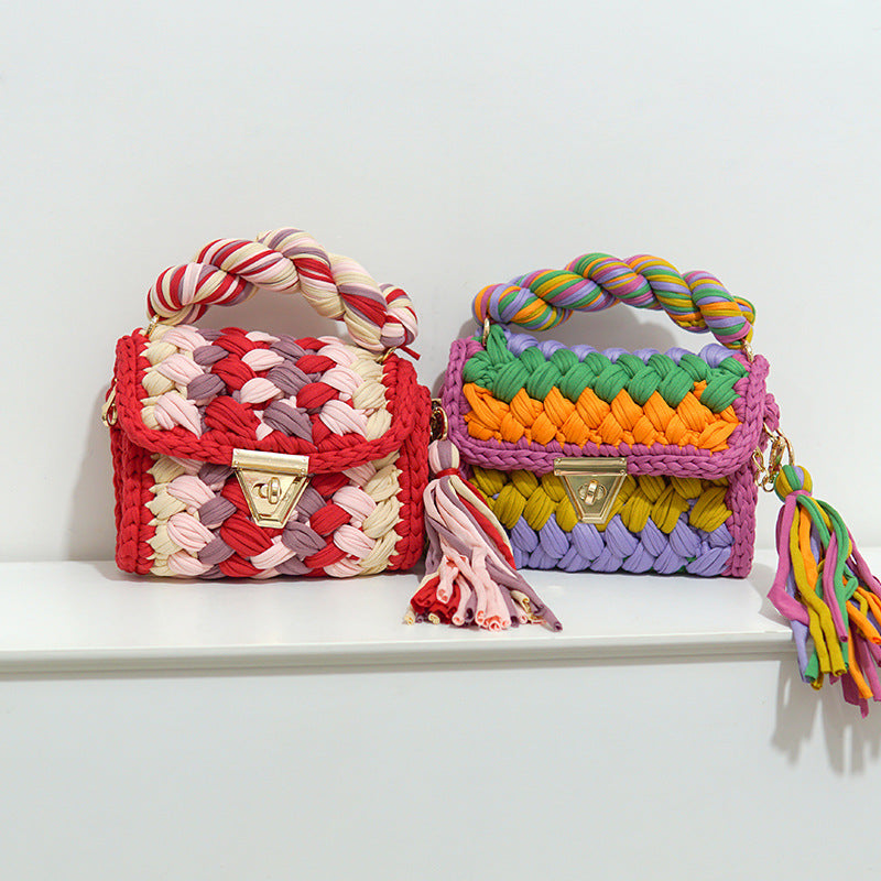 Contrast Color Handmade Finished Strip Thread Wool Bearded Bags