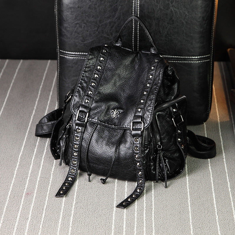 Women's Soft Surface Fashion Washed Leather Large Capacity Solid Backpacks