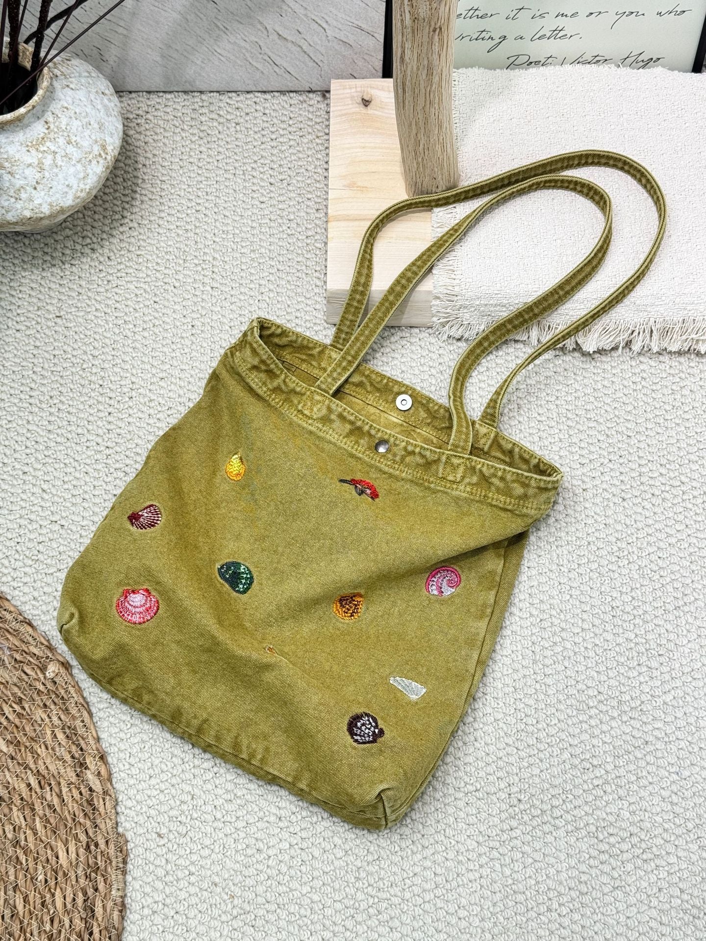 Korean Washed-out Denim Cute Embroidered Puppy Large Capacity Tote Bag