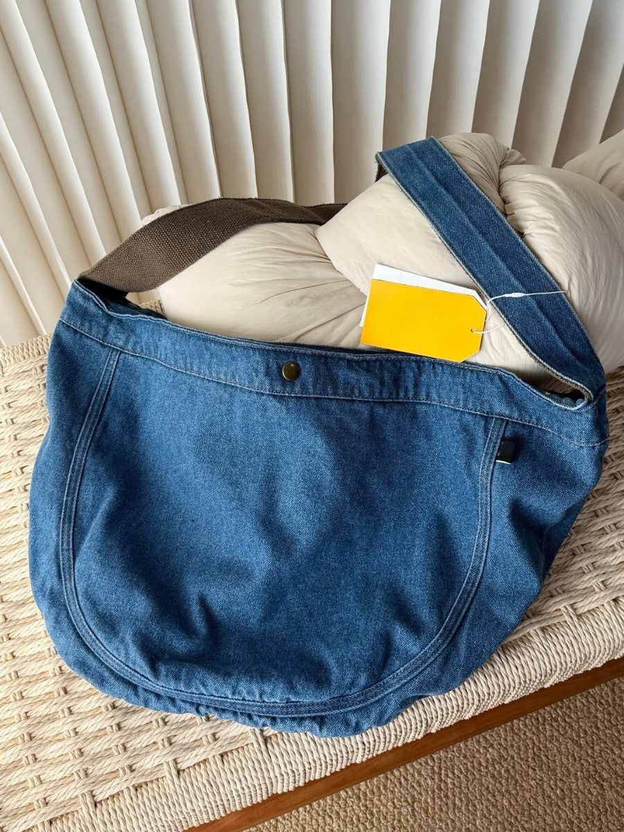 Women's Idle Style Washed Denim Crescent Artistic Tote Bags