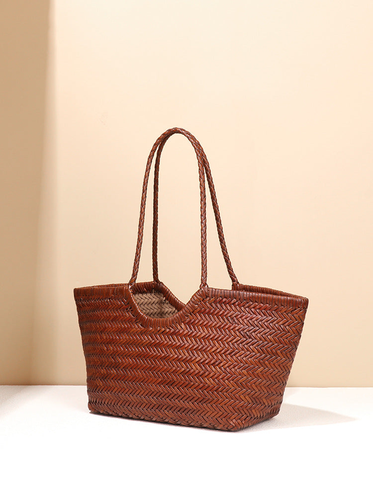 Women's Retro Authentic Leather Weave Vegetable Basket Style Bags