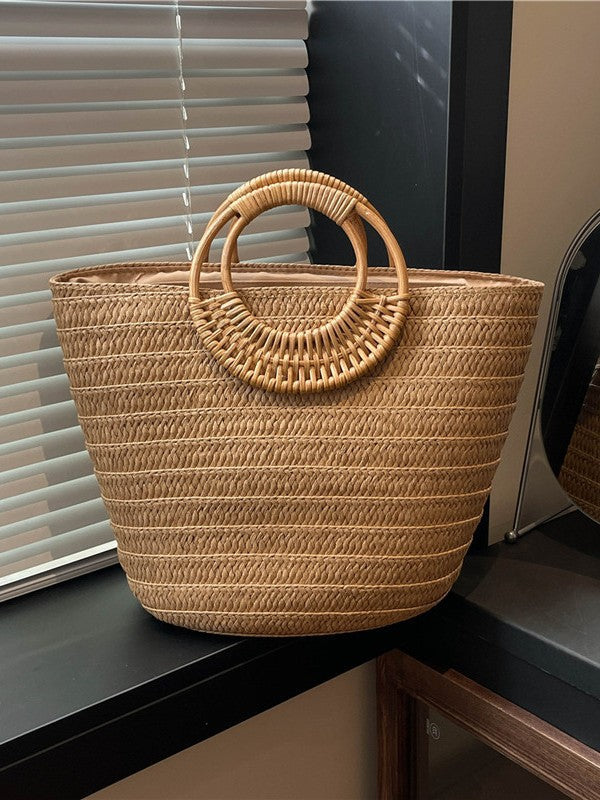 Women's Hand-woven Seaside Style Straw Large Capacity Round Portable Beach Tote Bag
