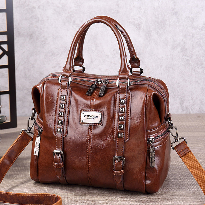 Women's Fashion Retro Portable Oil Waxed Leather Women's Handbag