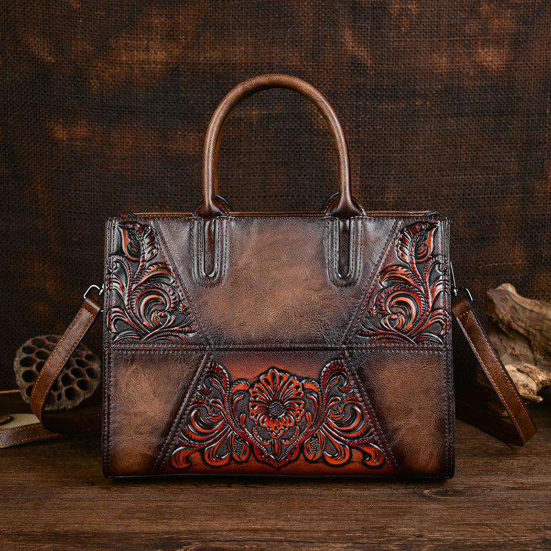 Women's Retro Patchwork Chinese Style Artistic Handmade Leather Carving Texture Women's Handbag