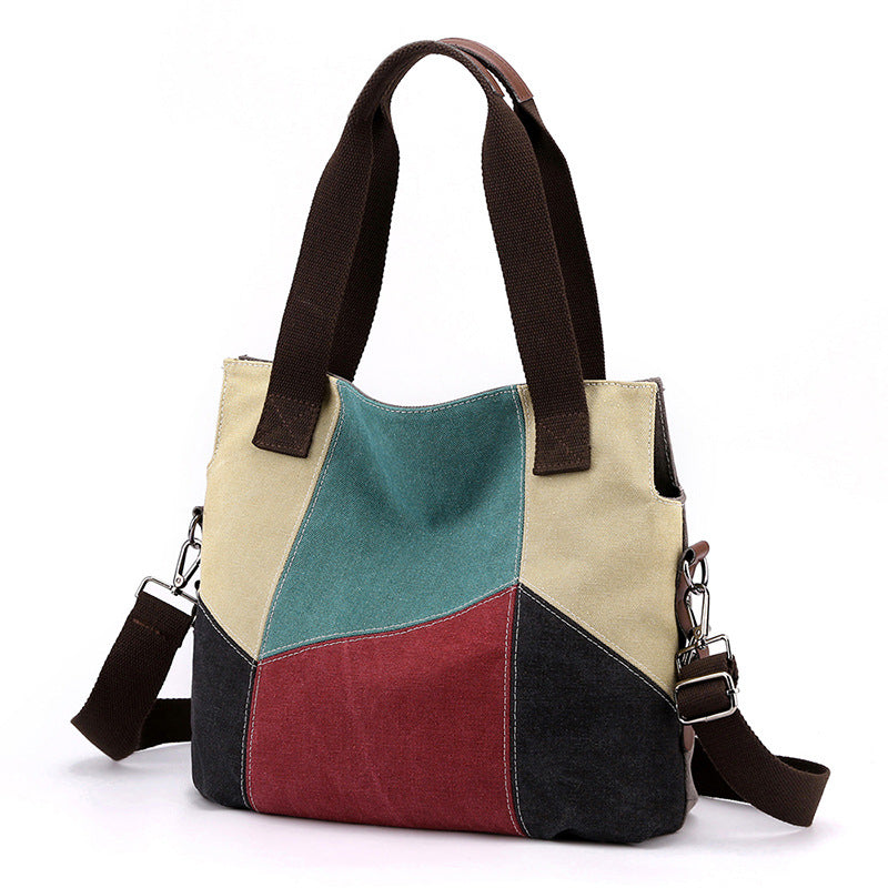 Women's Canvas Fashion Contrast Color Large Capacity Retro Handbags
