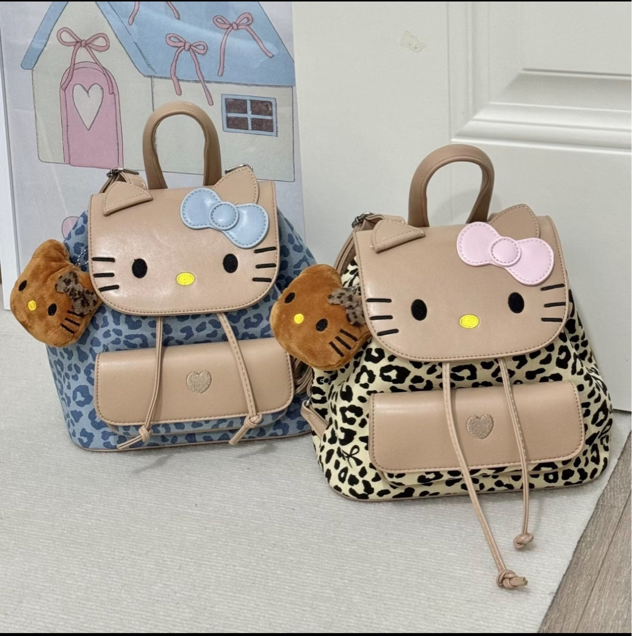 Black Leather Leopard Print High-grade Cute Heart Hello Kitty Women's Backpack