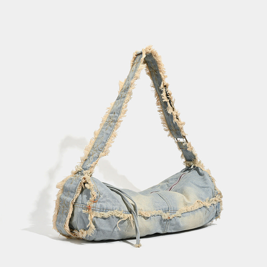 Women's Large Capacity Washed Jean Korean Style Tassel Design Senior Women's Shoulder Bag