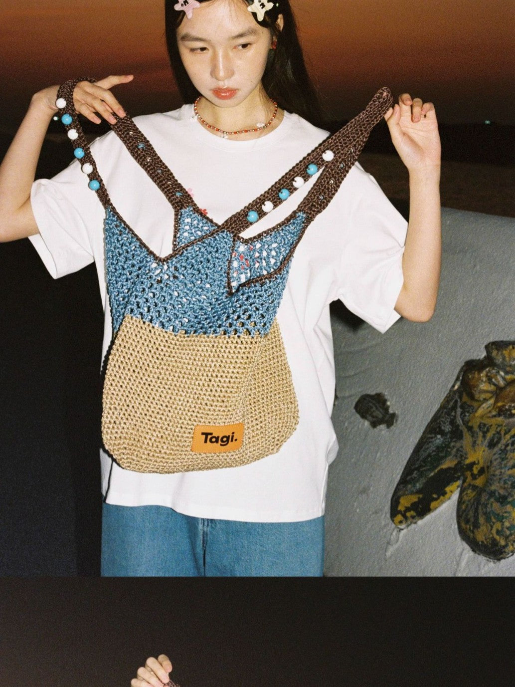 Summer Seaside Beach Wooden Bead Portable Contrast Underarm Bag