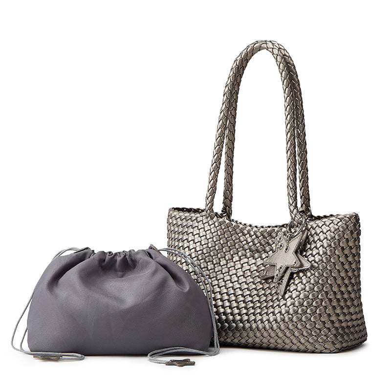 Hand-woven Medium Champagne Gold Soft Leather Idle Style Commuter Large Women's Shoulder Bag
