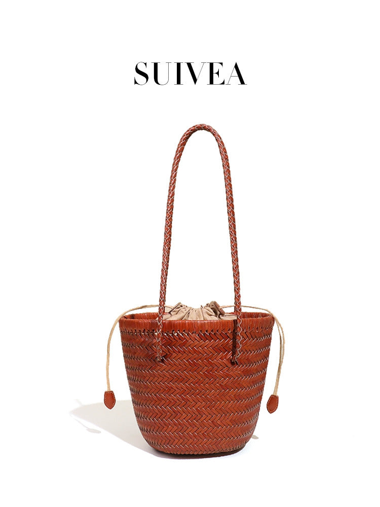 Women's Leather Woven Underarm Beach Vegetable Basket Bags
