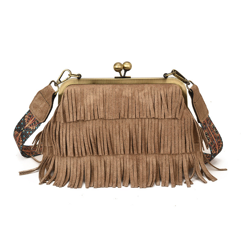 Women's Texture Tassel Retro Easy Matching Style Simple Korean Wide Shoulder Bags