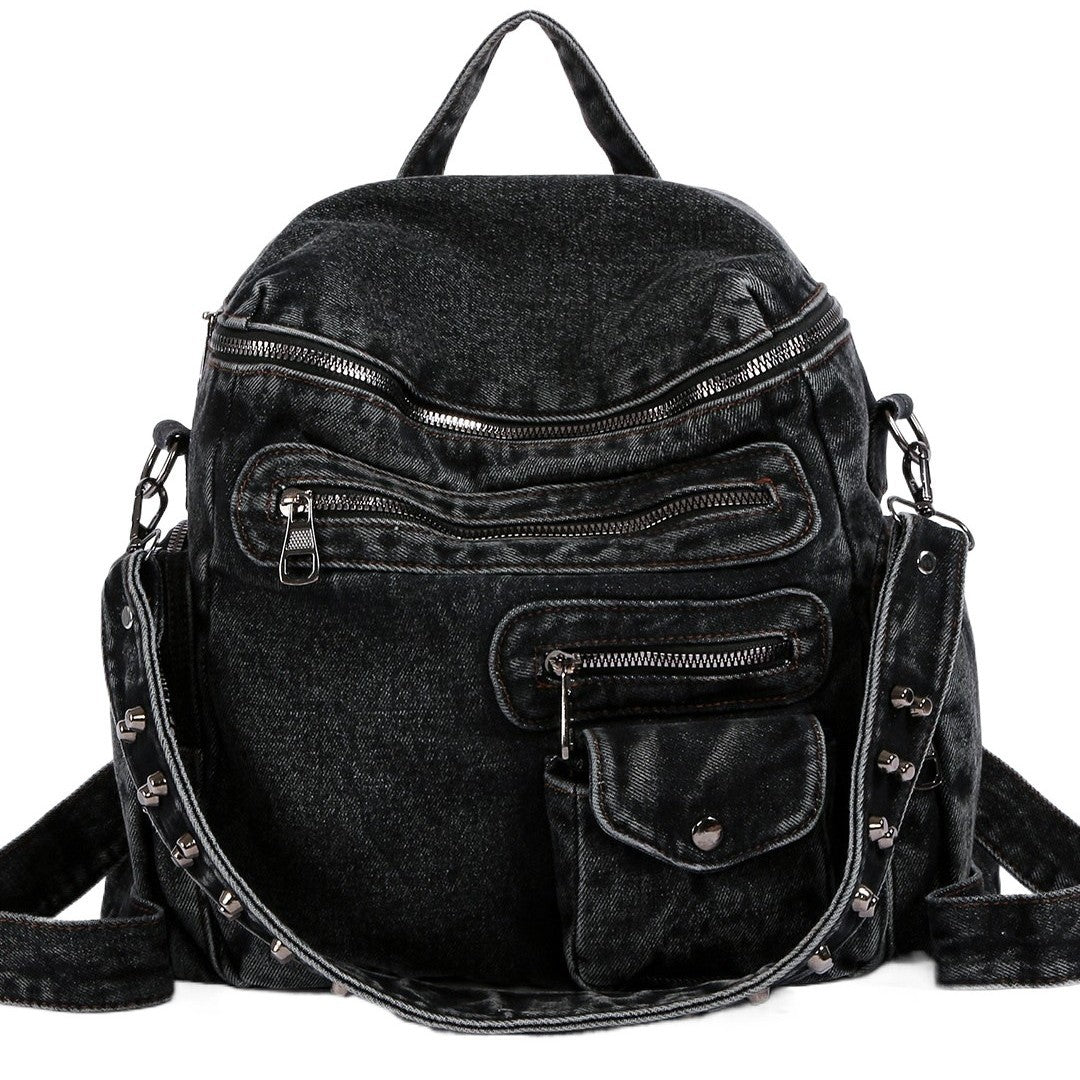 Retro Washed Denim Design Rivet Versatile College Leisure Backpack