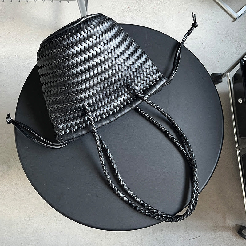 Woven Summer Portable Vegetable Basket French Retro Leather Bucket Bag
