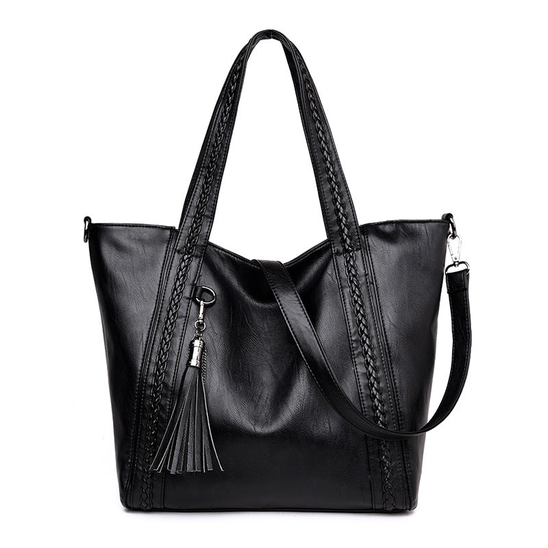Women's Weave Large Capacity Tassel Soft Leather Commuter Tote Bag