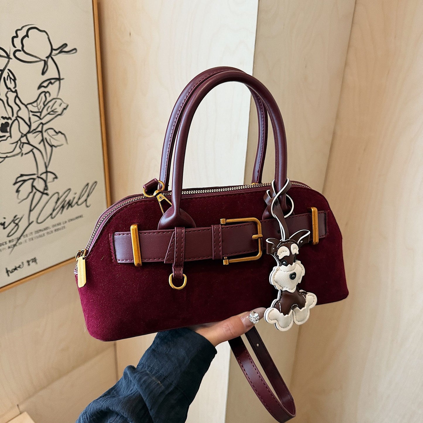 Women's Suede Korean Style Stitching Machine Car Women's Shoulder Bag