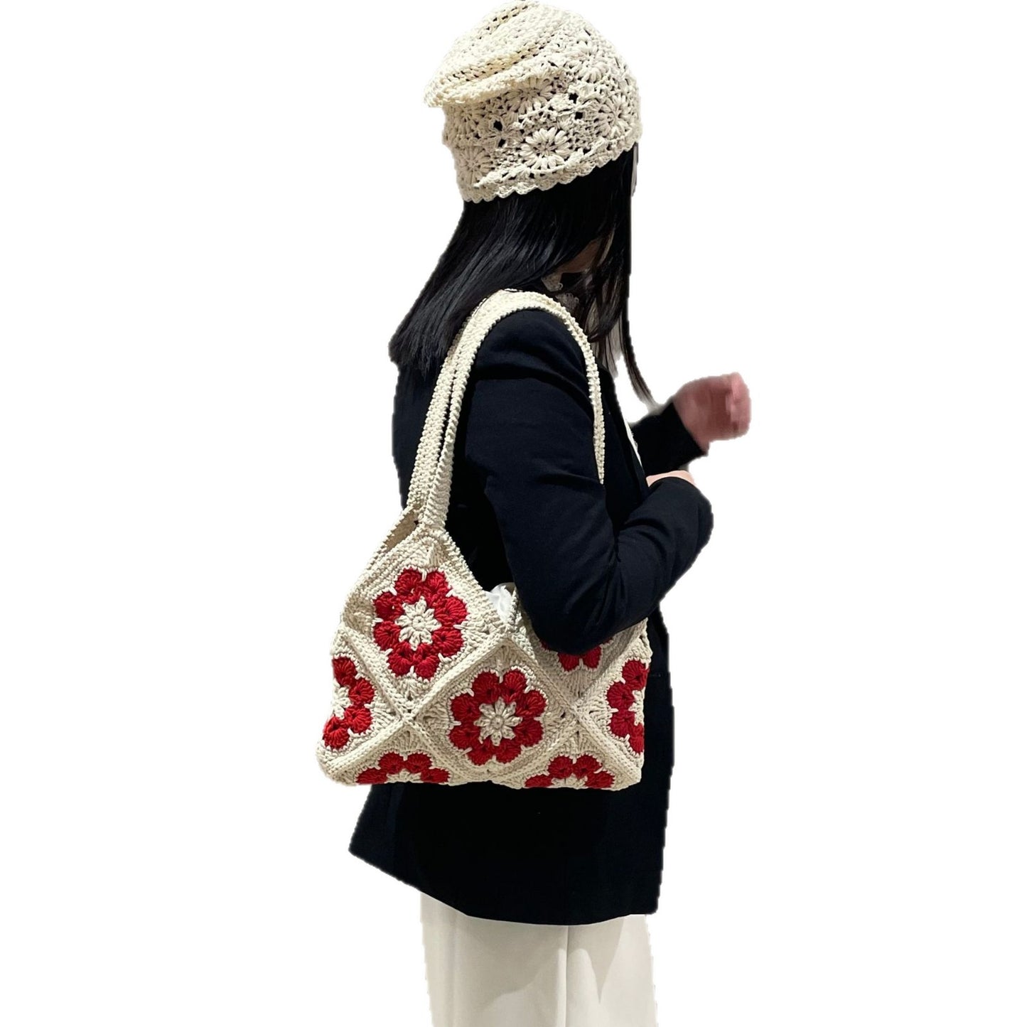 Women's Finished Hand-woven Wool Crocheted Camellia Grandmother Plaid Tote Bags