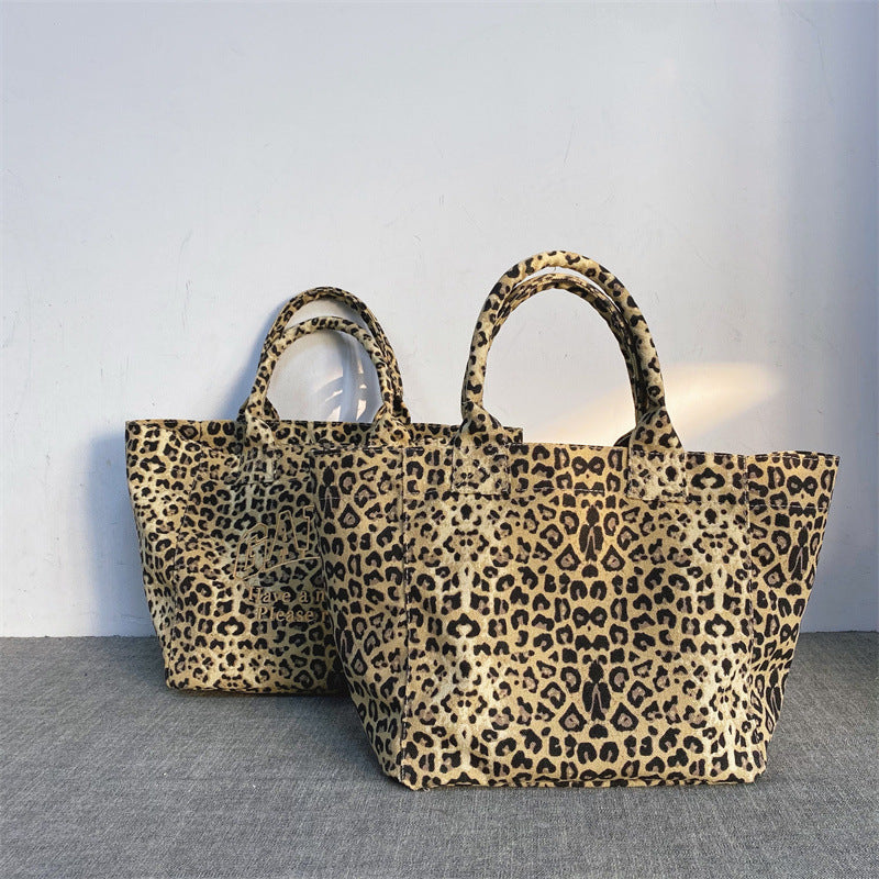 Women's & Men's Leopard Print Embroidered Canvas Leisure Shopping Tote Bag